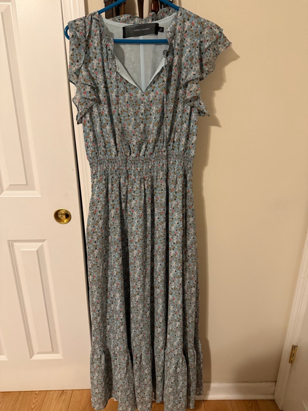 Light Blue Floral Maxi Dress with Ruffle Sleeves. Size L